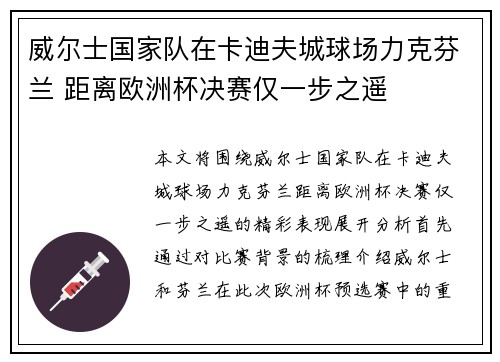 威尔士国家队在卡迪夫城球场力克芬兰 距离欧洲杯决赛仅一步之遥