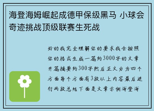 海登海姆崛起成德甲保级黑马 小球会奇迹挑战顶级联赛生死战